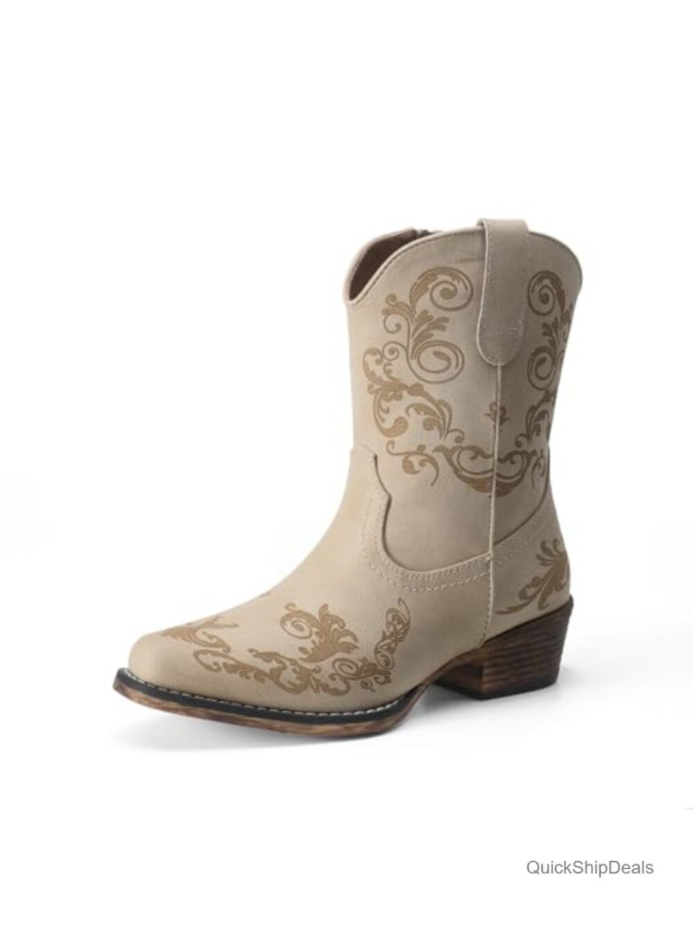 Women's Western Ankle Boots Vegan Leather Square Toe Side Zip Cuban Heel